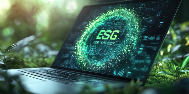 Environmental, Social, and Governance (ESG) metrics displayed on a laptop computer outdoors.