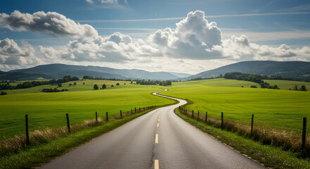 Naklejka premium road, country road, winding road, Winding Country Road Through Lush Green Fields