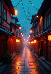 Traditional Kyoto street illuminated by floating digital particle lights, surreal fusion of ancient Japan and cyber aesthetics
