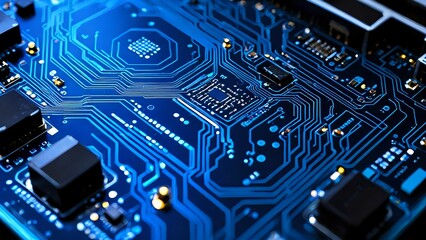 Fototapeta premium Close-up of a circuit board with glowing blue pathways