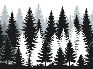 Obraz premium A layered silhouette illustration of a dense forest with various tall trees in shades of black and gray, creating a depth effect.