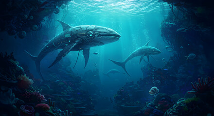 Fototapeta premium futuristic shark, underwater scene, ocean, Futuristic Shark in Underwater Scene
