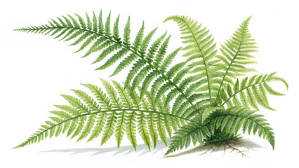 Botanical Watercolor Fern Illustration with Roots and Green Fronds Isolated on White Background for Nature Art and Design Projects