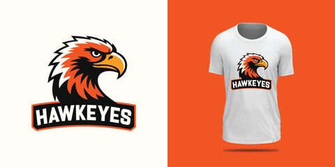 Hawkeye Mascot Logo for Sports T-Shirt, Bold Hawk Head Vector Design for Apparel, Aggressive Bird Team Emblem Illustration, sports Style Hawk Logo with Stroke Effect, Angry Hawk Graphic T-Shirt Design