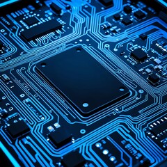 Close-up of a circuit board with glowing blue pathways