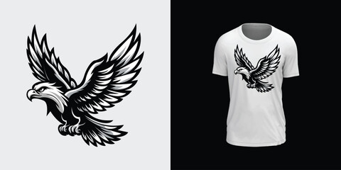 Flying Eagle Vector for T-Shirt Design, Majestic Eagle with Spread Wings Artwork, Fierce Bird of Prey Mascot Illustration, Black and White Eagle Graphic for Apparel, Powerful Flying Eagle Emblem for P