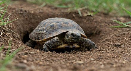 Obraz premium tortoise, turtle, reptile, Tortoise Emerging from Burrow
