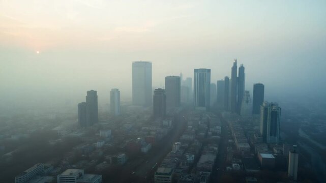 Aerial view of Vladivostok city in haze and fog on an autumn morning