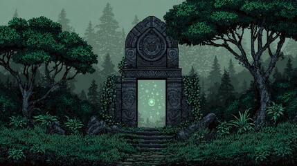 Ornate stone portal stands in a forest with glowing light inside.