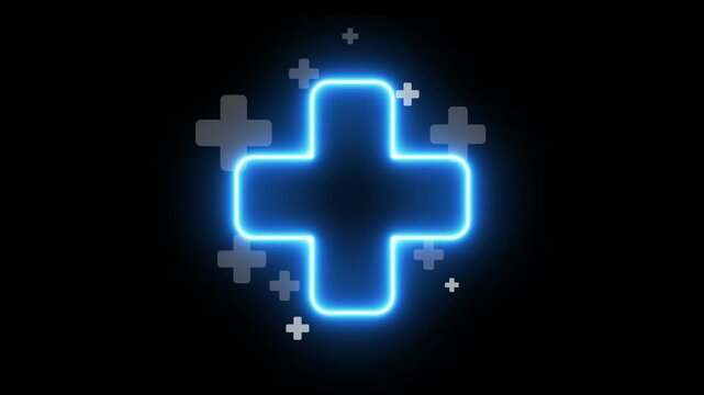 Healthcare insurance symbol concept on transparent background. Glowing neon line animated plus icons for positive thinking and medical such as self-care, optimist , healthy lifestyle, happiness.