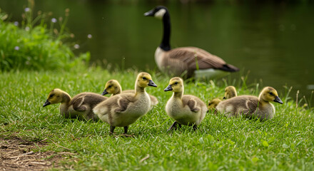 Canada goose,  goslings,  gosling, Canada Goose Goslings with Parent in Background
