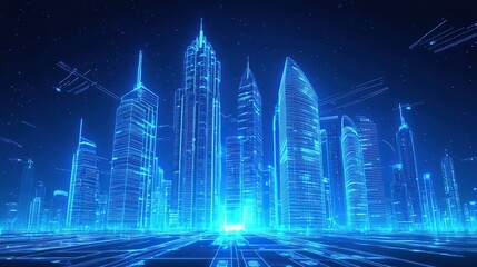 Futuristic City with Glowing Blue Digital Skyscrapers (Tech Innovation, Data Flow Architecture, Cyber Aesthetic)