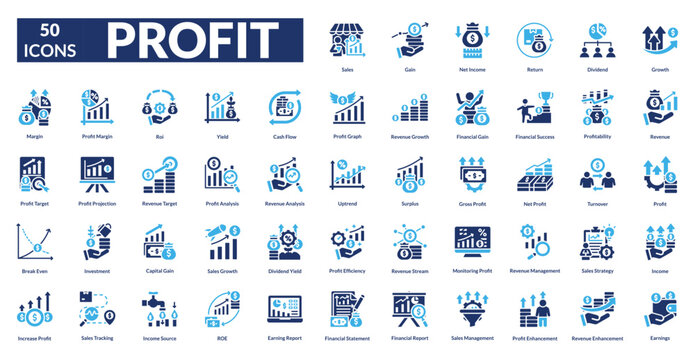 Profit fill icon collection set. Includes growth, revenue, income, success, gain, sales, investment, earnings, finance, wealth, chart, increase, money, value, market
