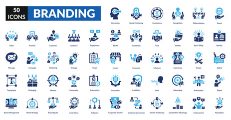 Branding fill icon set collection. Brand, ambassador, audience, credibility, identity, recognition, marketing, strategy, target, reputation, loyalty, competitive advantage, product