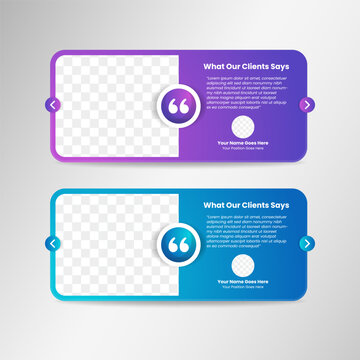 Modern Professional client testimonial design template with photo place holder for product or service and people that give testimonials. purple and blue gradient background colors on horizontal layout