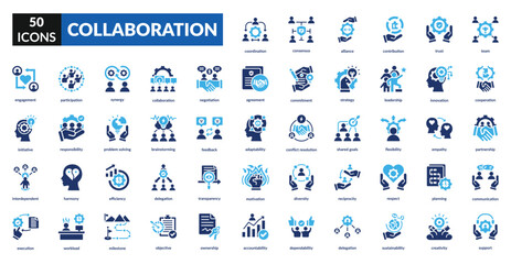 Collaboration fill icon set collection. Agreement, commitment, harmony, problem solving, partnership, participation, strategy, leadership, motivation, coordination, execution
