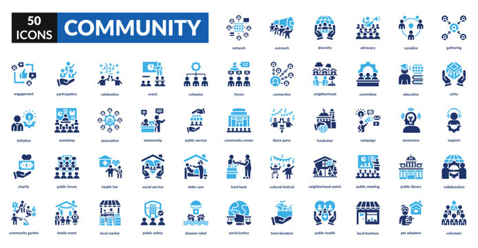 Community fill icon set collection. association, collaboration, gathering, network, public service, group, connection, society, teamwork