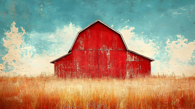Red barn stands tall in a field of golden wheat under a cloudy, textured sky, evoking rustic Americana charm