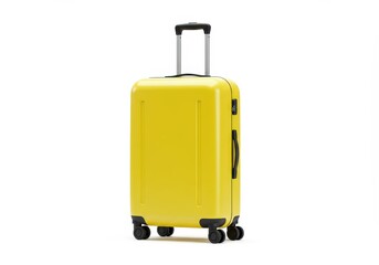Bright yellow polycarbonate hard shell suitcase with telescopic handle and wheels, isolated on white