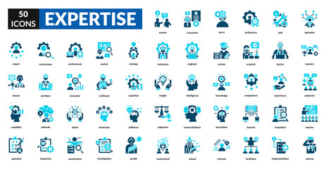 Expertise fill icon set collection. Analyst, knowledge, veteran, mastery, professional, skill, experience, proficiency, talent, ability, competence, specialist, expert