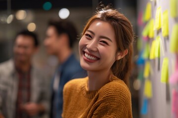 Obraz premium Confident asian female team lead presenting to coworkers during agile stand-up meeting sticky notes on whiteboard, collaborative mood, mixed gender group, casual modern workspace