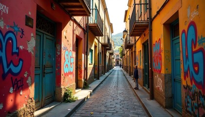 Sunlit alley, vibrant colors; peeling paint, graffiti hints , pink, beauty, city