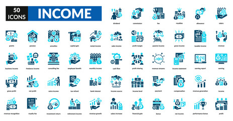 Income fill icon set collection. Payment, pension, royalties, dividend, profit, revenue, economy, banking, monetary
