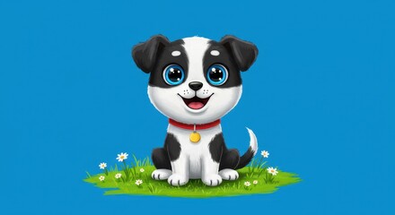 Naklejka premium Cute black and white puppy dog cartoon character with blue eyes sitting on green grass, 3d render illustration