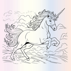 Unicorn Flying Over Rainbow Coloring Page Drawing For Kids