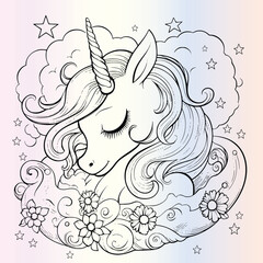 Unicorn Sleeping On The Moon Coloring Pages Drawing For Kids