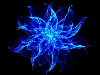 Glowing fractal flower in vibrant blue, abstract digital art, soft light, futuristic bloom, symmetry, high resolution, dark background, neon floral pattern, modern decorative design