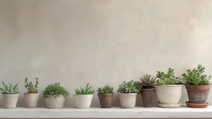 Collection of Small Succulents in Various Pots on a Shelf Against a Textured Wall