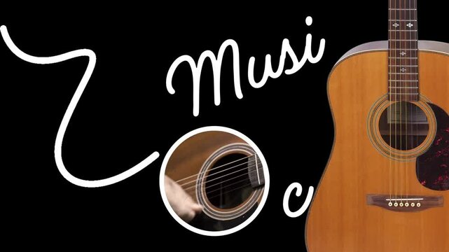 Video animation Motion Graphic for music lovers the word "Love" and a heart shape, with white handwritten-style lettering on a black background. It includes an image of a brown acoustic guitar