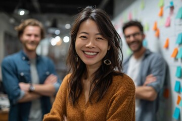 Confident asian female team lead presenting to coworkers during agile stand-up meeting sticky notes on whiteboard, collaborative mood, mixed gender group, casual modern workspace