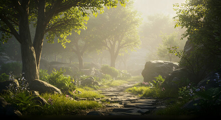 Obraz premium forest, path, trail, Misty Forest Path at Sunrise