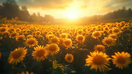 Obraz premium Sunlit Sunflower Field Sunset Landscape