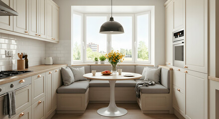 Fototapeta premium kitchen, breakfast nook, bay window, Cozy Kitchen Bay Window Breakfast Nook