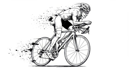 Black sketch drawing of fast cycling athlete in aerodynamic position, isolated illustration.