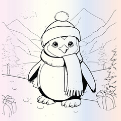 Winter Christmas Penguin Coloring Page Drawing For Kids
