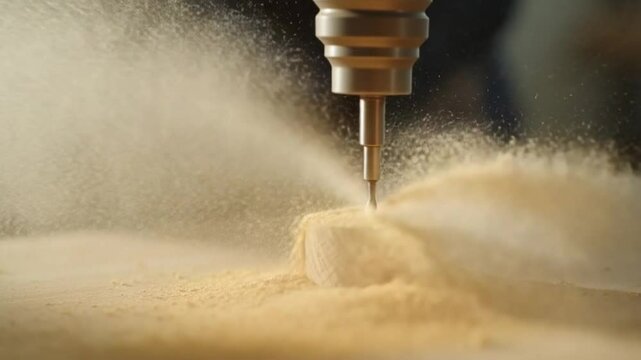 A carpenter drills a hole in a wooden product. Filmed on a high-speed camera at 1000 fps. High quality FullHD footage