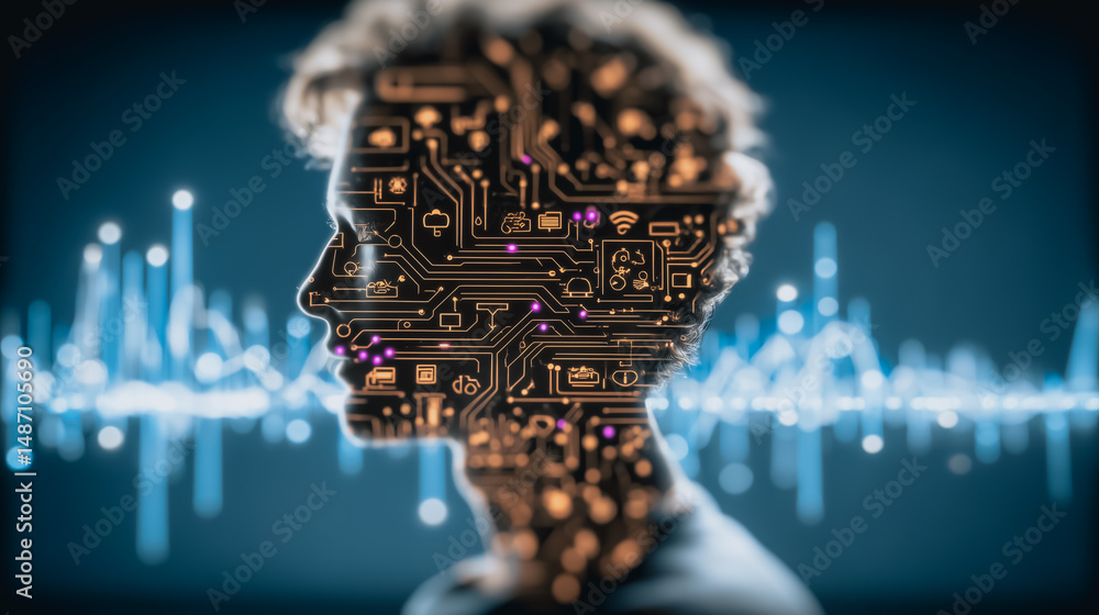 Poster digital mind: a human silhouette merged with intricate circuit board patterns, and a background of l