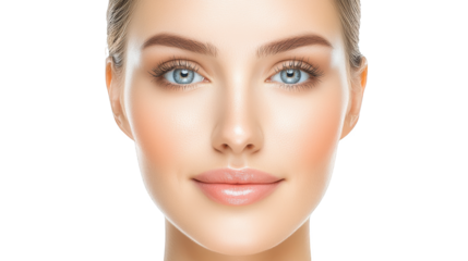 Captivating closeup, woman with striking blue eyes and soft pink lips 