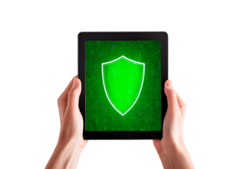 Hands Holding Tablet Showing Green Shield, Representing Online Security and Data Protection, PNG