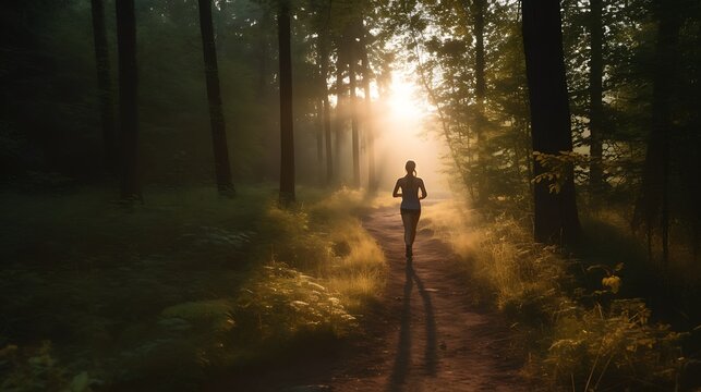 Woman jogging forest sunrise.