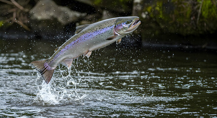 Fototapeta premium rainbow trout, trout, fish, Rainbow Trout Leaping in River