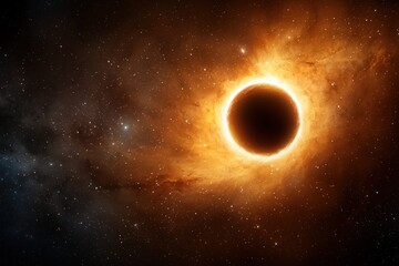 Naklejka premium Cosmic Black Hole Event Horizon in Deep Space with Glowing Orange Nebula black hole space cosmos universe galaxy nebula 