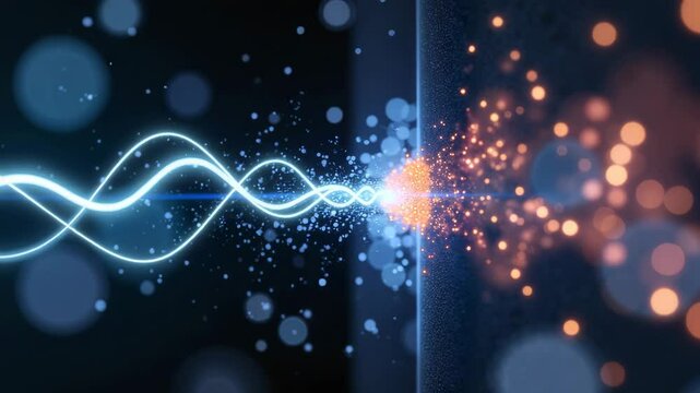 Abstract visualization of quantum tunneling effect with glowing particles  