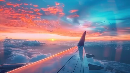 An airplane wing captures the beauty of a stunning sunset, flying above the clouds.