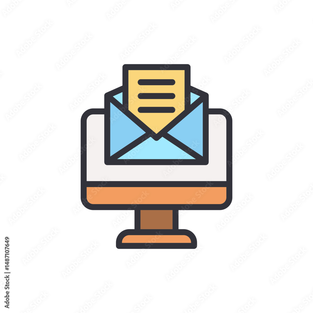 Poster colorful email icon on monitor screen displaying message notification