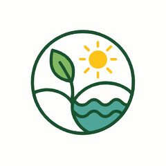Simple circular logo combining waves, a sun, and a leaf in three equal parts